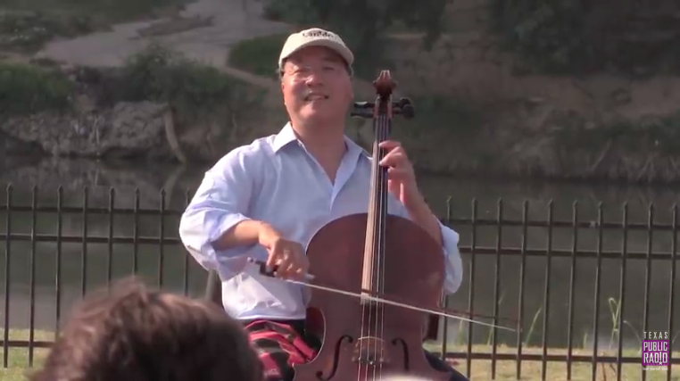 Cellist Yo-Yo Ma performing Bach next to the Rio Grande in Laredo, Texas on Saturday, April, 13, 2019. (Photo screengrab credit: Texas Public Radio)