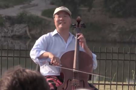 Cellist Yo-Yo Ma performing Bach next to the Rio Grande in Laredo, Texas on Saturday, April, 13, 2019. (Photo screengrab credit: Texas Public Radio)