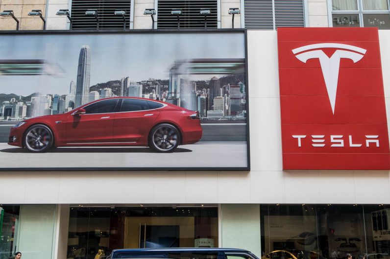 The logo of TESLA in Hong Kong. (Alvin Chan/SOPA Images/LightRocket via Getty)