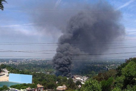 A fire on the backlot of Universal Studios burns in 2008. (Trixie Textor/Getty)