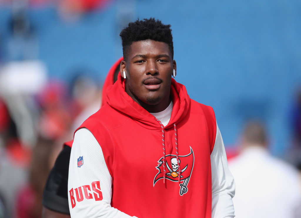 BUFFALO, NY - OCTOBER 22: Ryan Russell #95 of the Tampa Bay Buccaneers warms up before the start of NFL game action against the Buffalo Bills at New Era Field on October 22, 2017 in Buffalo, New York. (Photo by Tom Szczerbowski/Getty Images)