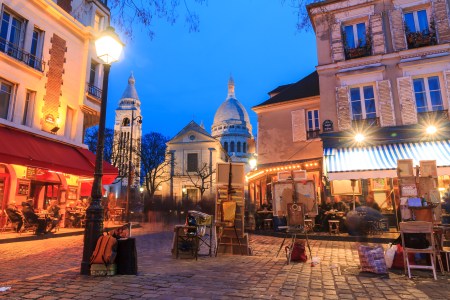 View of the Place du Tertre and the Sacre-Coeur in Paris.