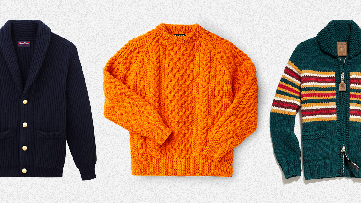 Three men's sweater perfect for Thanksgiving and Christmas 2021, a blue cardigan from Rowing Blazers, orange fisherman's pullover from Filson and green zip-up from Todd Snyder