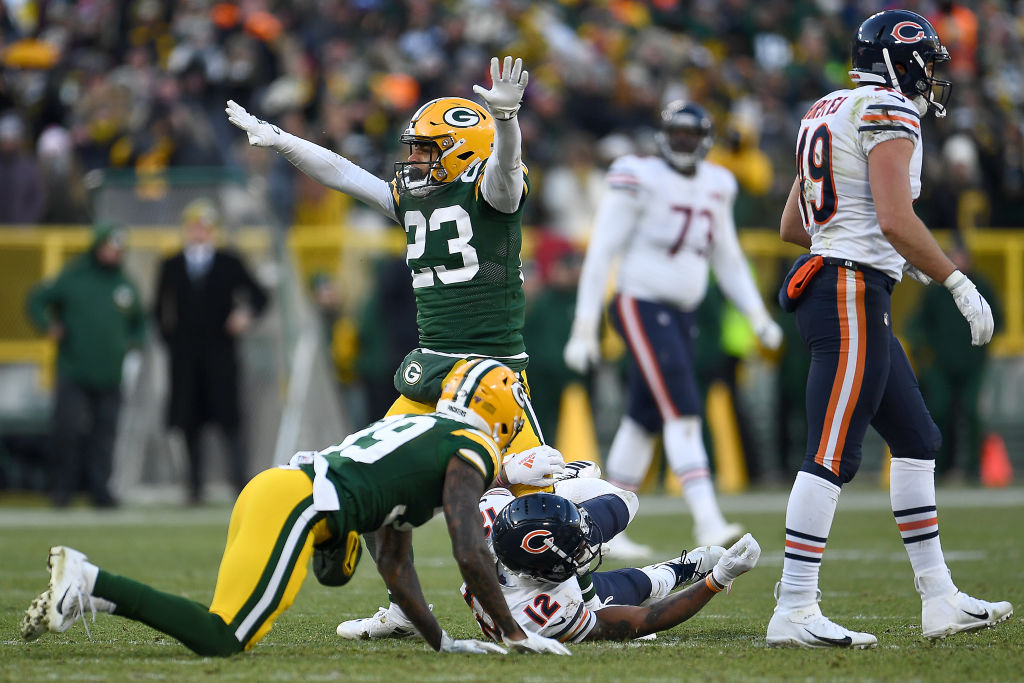 Cornerback Jaire Alexander of the Green Bay Packers reacts to a defensive stop on fourth down incomplete pass to wide receiver Allen Robinson of the Chicago Bears at Lambeau Field on December 15, 2019 in Green Bay, Wisconsin. (Photo by Stacy Revere/Getty Images)