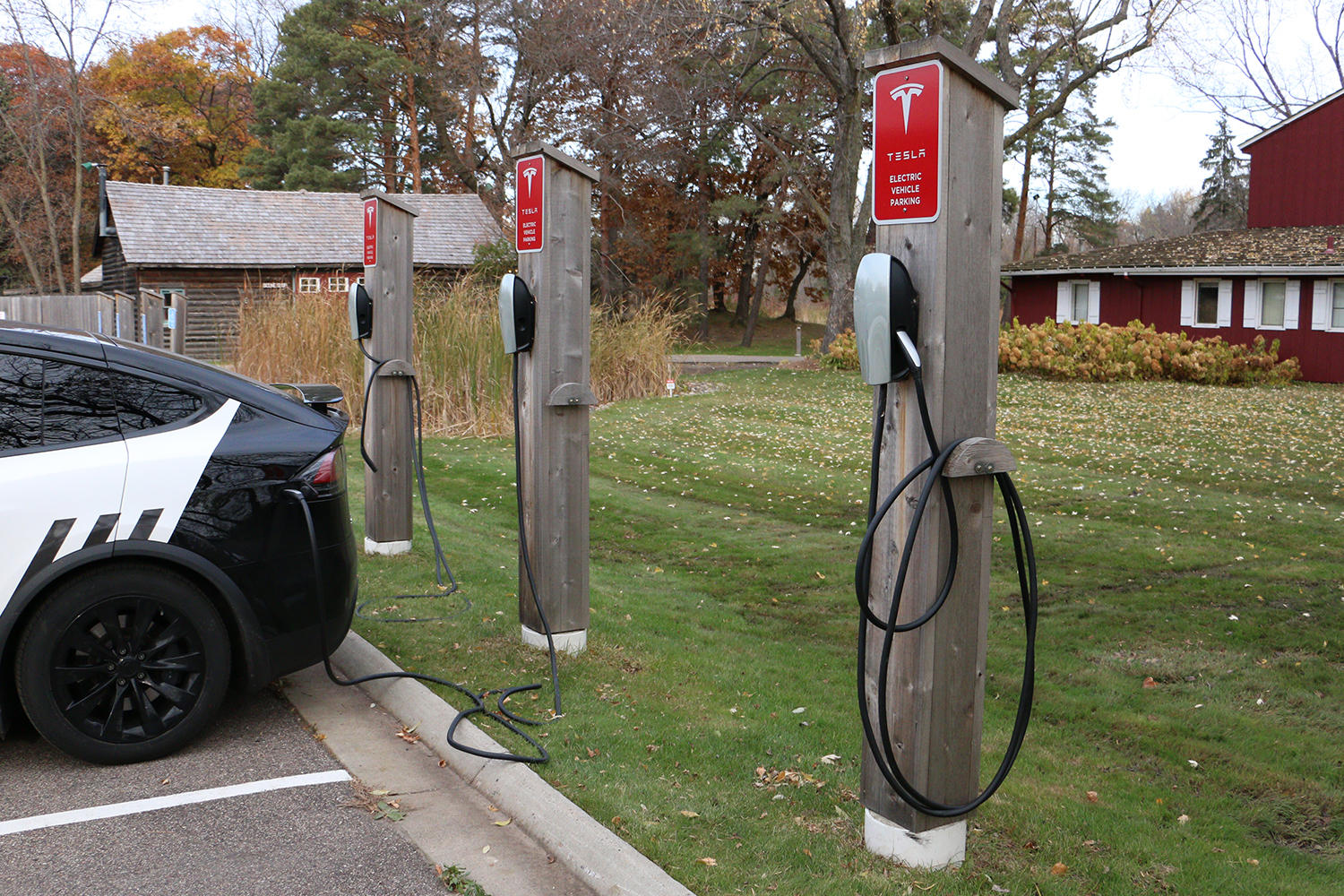 Tesla charging stations at the Old Log Theatre