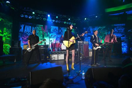 Violet Grohl, Dave Grohl, Beck, St. Vincent, Krist Novoselic and Pat Smear perform onstage during The Art of Elysium and We are Here Present Heaven is Rock and Roll at Hollywood Palladium on January 04, 2020 in Los Angeles, California. (Photo by Kevin Mazur/Getty Images for DG)