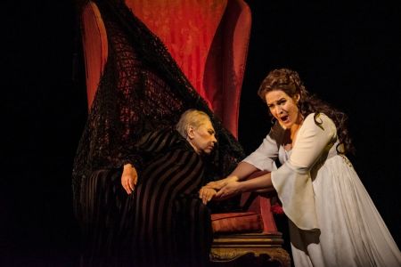 Russian mezzo-soprano Larissa Diadkova (as the 'Countess') (left) and Norwegian soprano Lise Davidsen (as 'Lisa') perform during the final dress rehearsal prior to the season revival of the Metropolitan Opera/Elijah Moshinsky production of 'The Queen of Spades' at Lincoln Center's Metropolitan Opera House, New York, New York, November 26, 2019. (Photo by Jack Vartoogian/Getty Images)