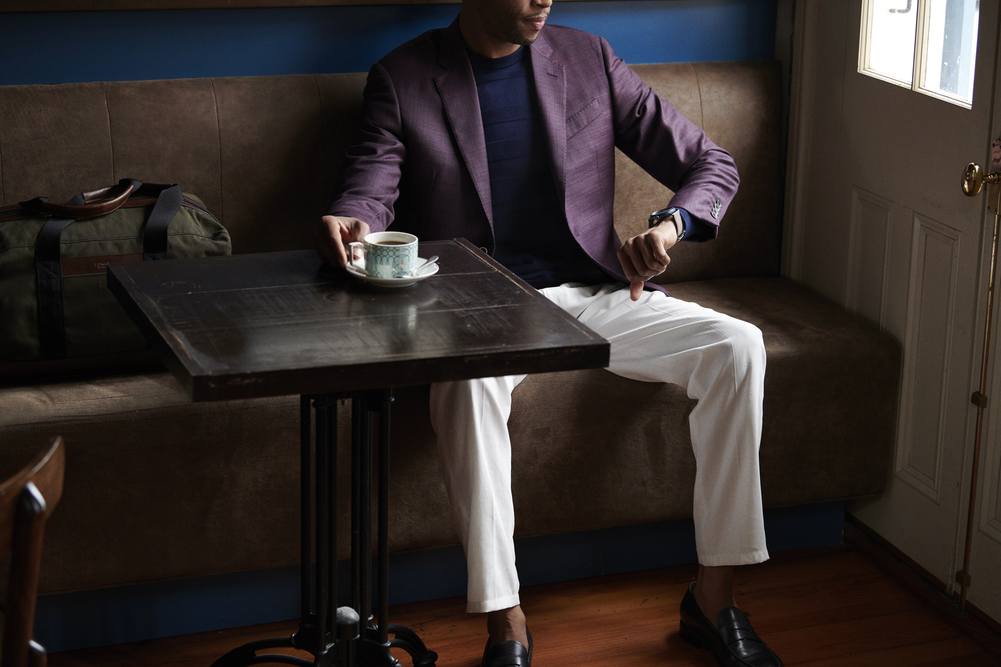 Trombone Shorty enjoying a cup of tea in Emporio Armani and Shinola