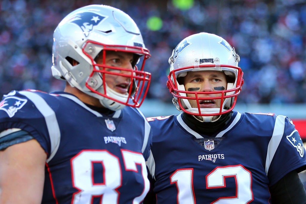 Tom Brady and Rob Gronkowski on the field in Foxboro, Massachusetts. (Adam Glanzman/Getty)