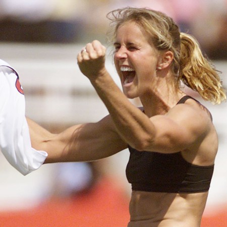 Brandi Chastain of the U.S. celebrates after scoring the winning penalty kick in 1999