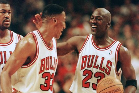 Michael Jordan and Scottie Pippen celebrate