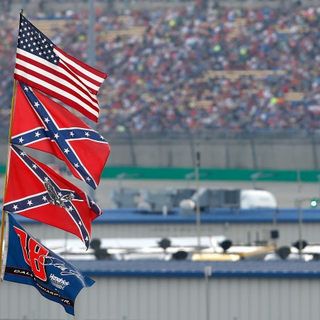 Confederate flags flying at a NASCAR stock car race