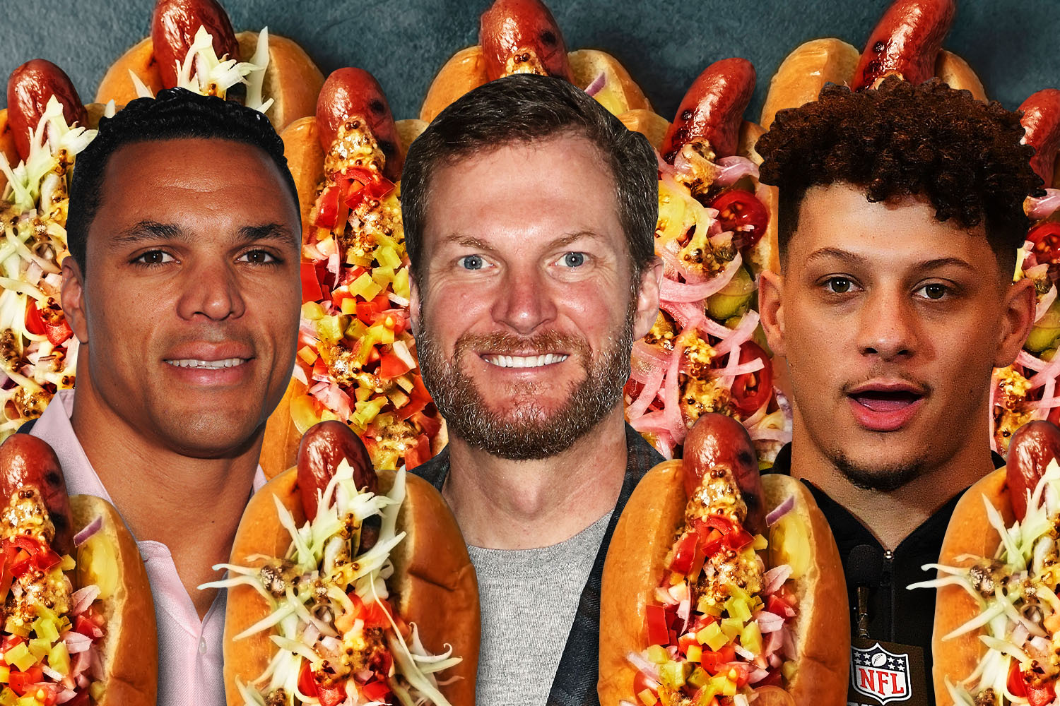 Three of our hot dog panelists, Tony Gonzalez, Dale Earnhardt and Patrick Mahomes. 