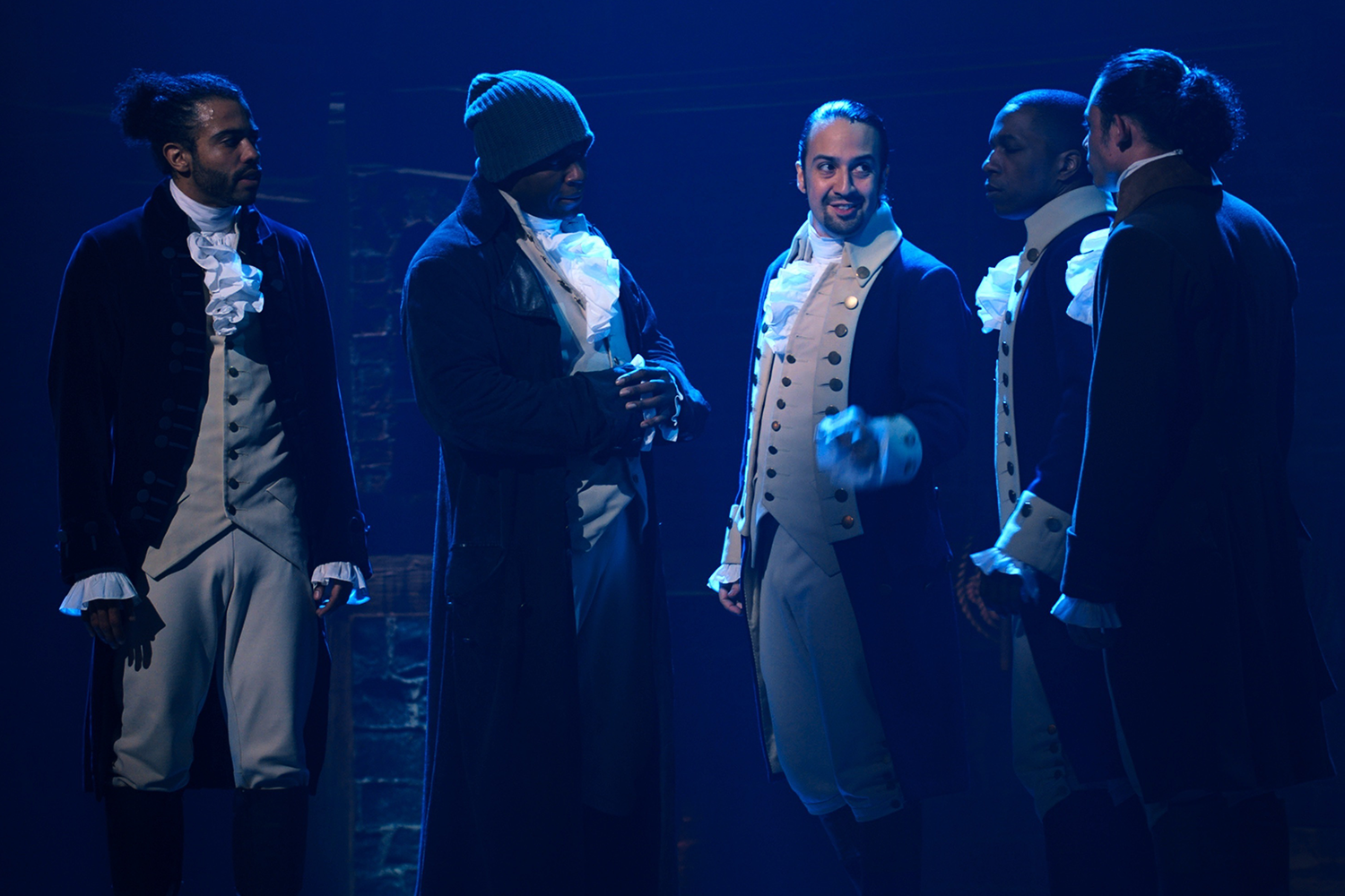 Hamilton musical cast members Lin-Manuel Miranda, Daveed Diggs, Leslie Odom Jr., Okieriete Onaodowan, and Anthony Ramos