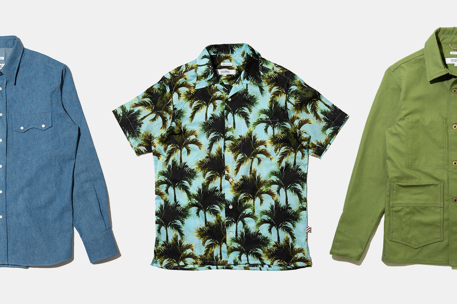 Freemans Sporting Club palm tree shirt, chore jacket and denim shirt