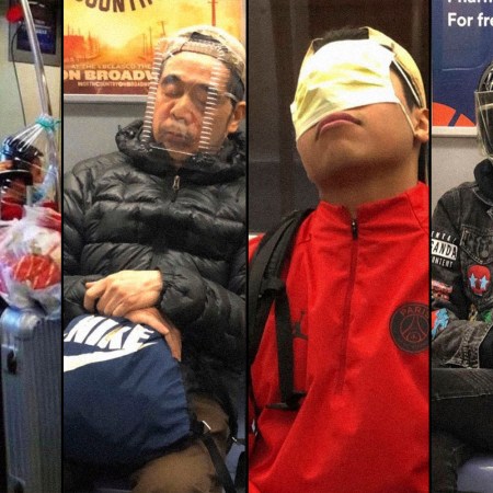 New York City subway riders wearing makeshift COVID-19 face masks