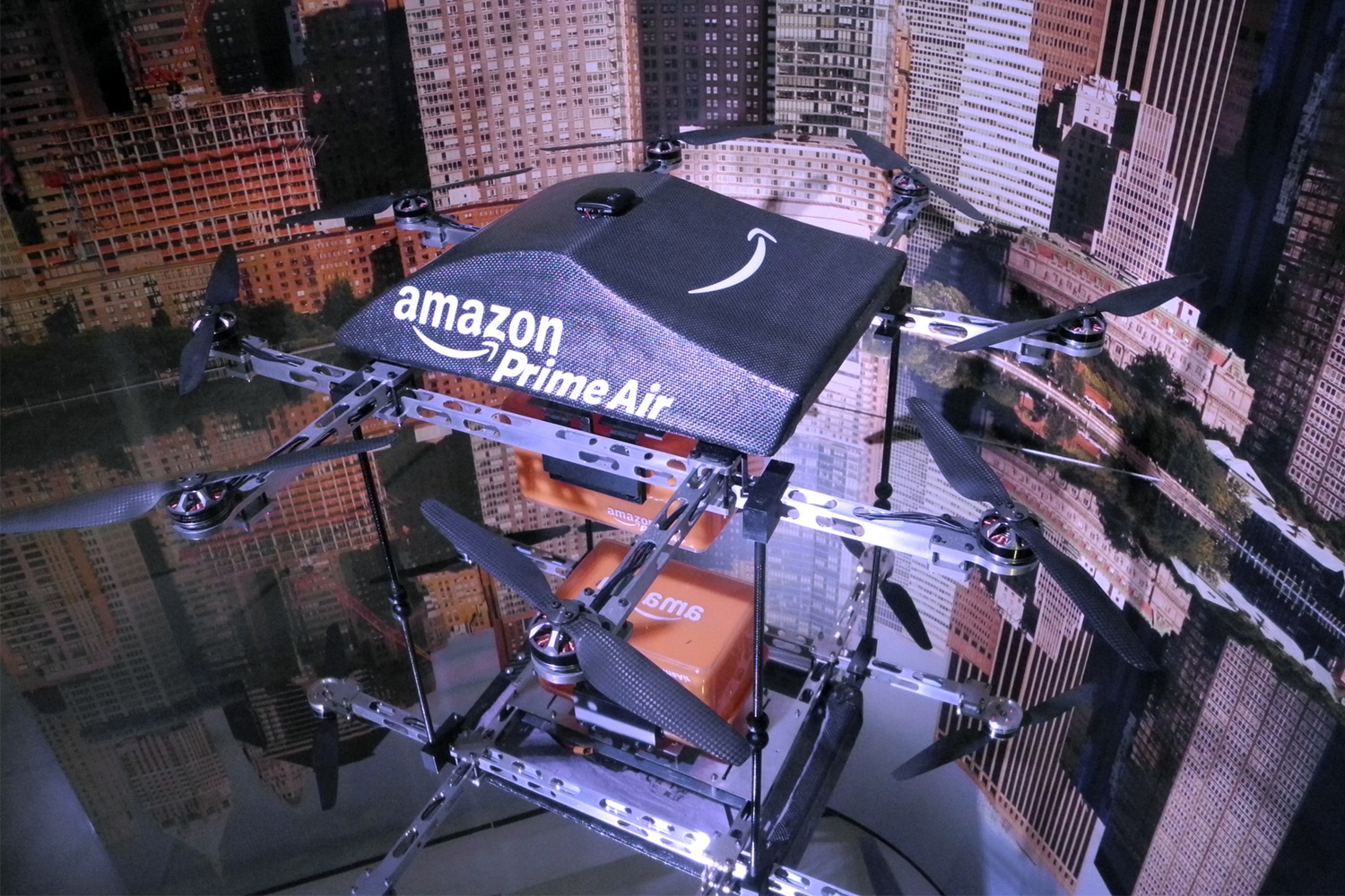 A drone designed to deliver packages from online retailer Amazon on show at the exhibition "Drones: Is the Sky the limit?" at the Intrepid Sea, Air and Space Museum in New York City, USA, 2 August 2017.