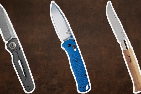 a collage of EDC pocket knives on a brown steel background