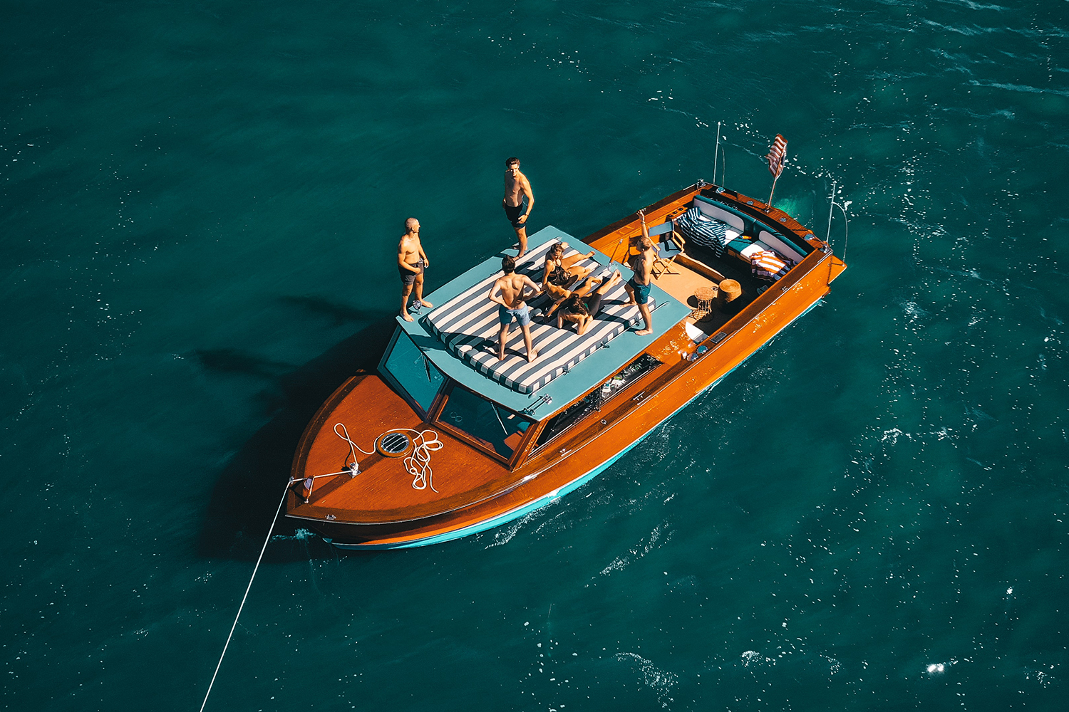 A wooden boat anchored on Lake Minnetonka in Minnesota