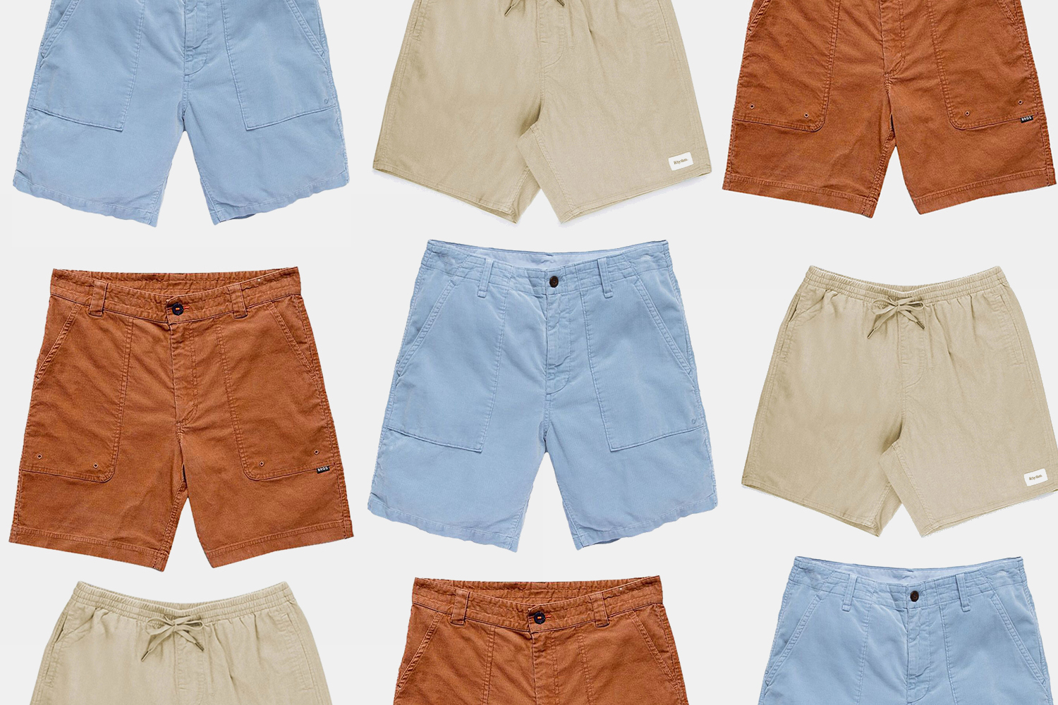 a collage of corduroy shorts on a wavy blue and tan background