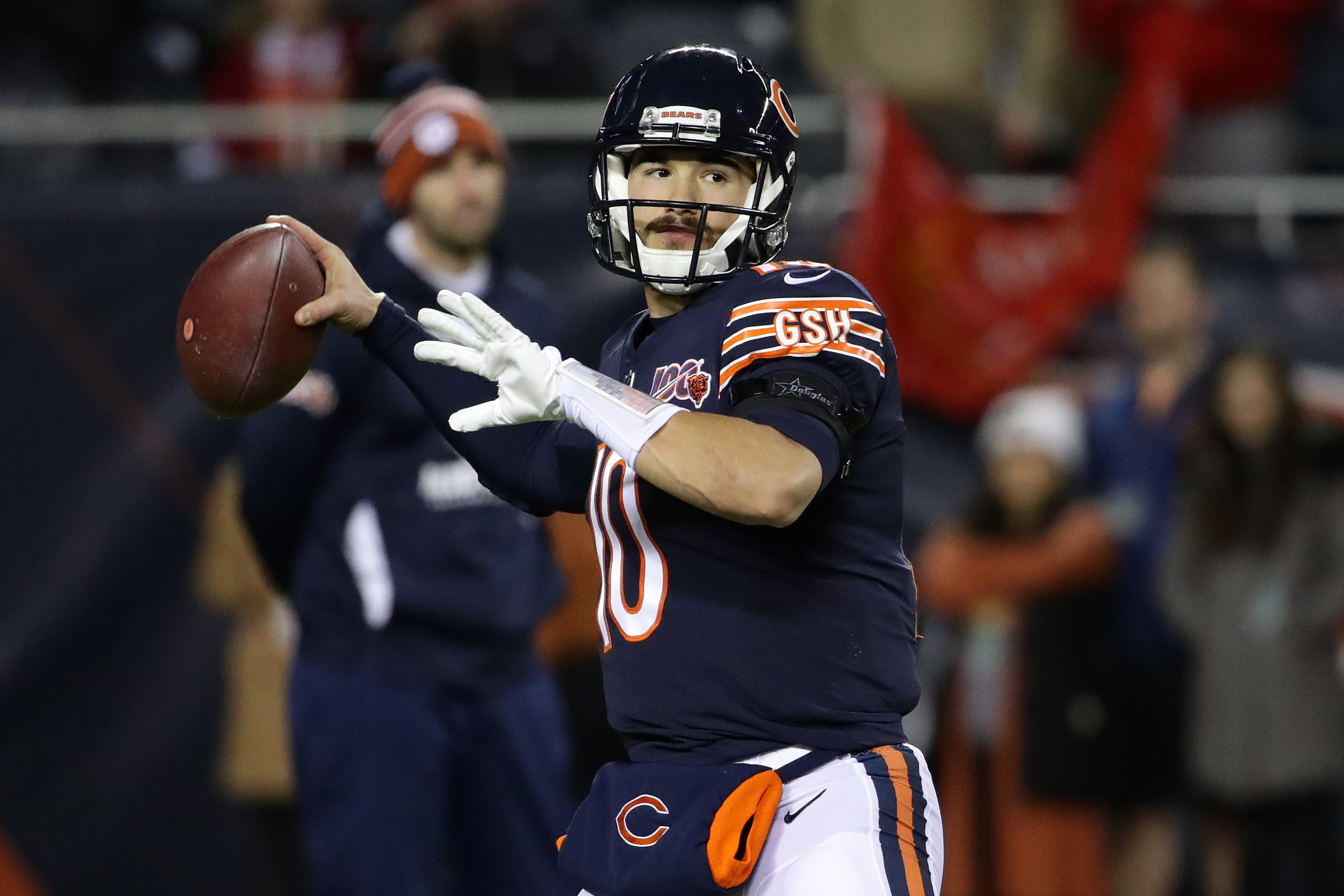 Mitchell Trubisky of the Chicago Bears throws a pass during warmups. (Jonathan Daniel/Getty)