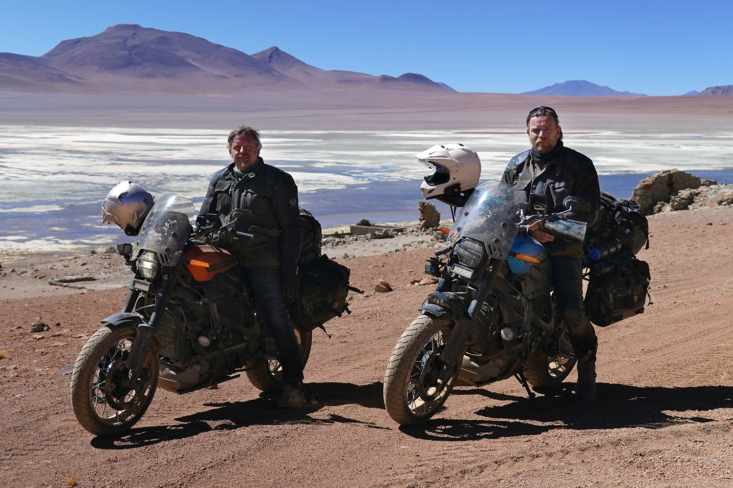 Charley Boorman and Ewan McGregor on LiveWire electric motorcycles in the show "Long Way Up"