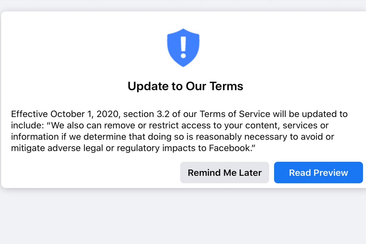 Facebook terms of service update screenshot