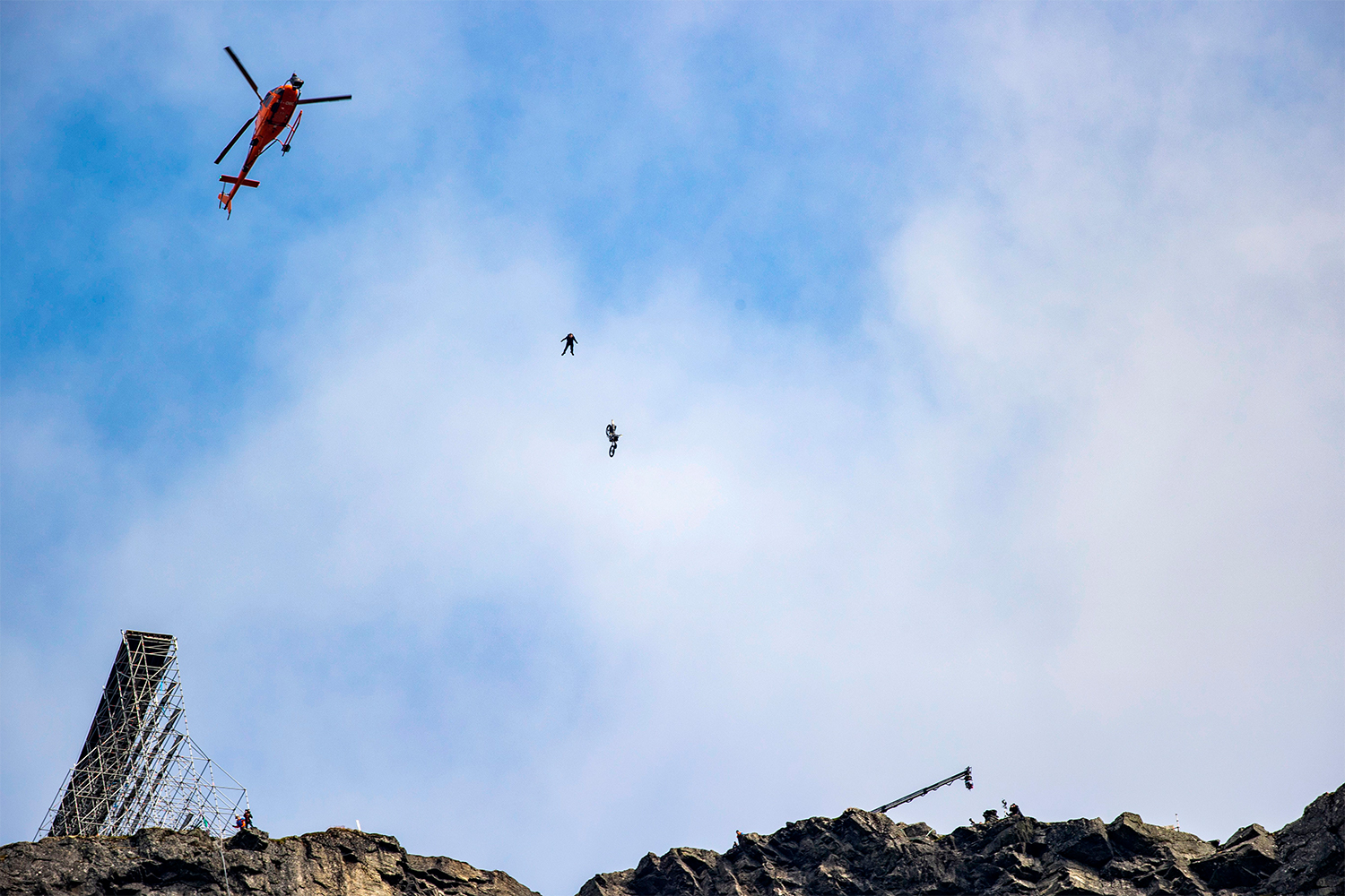 Tom Cruise comes off a motobike during the filming of the next Mission Impossible film in Hellesylt, Norway on September 6, 2020