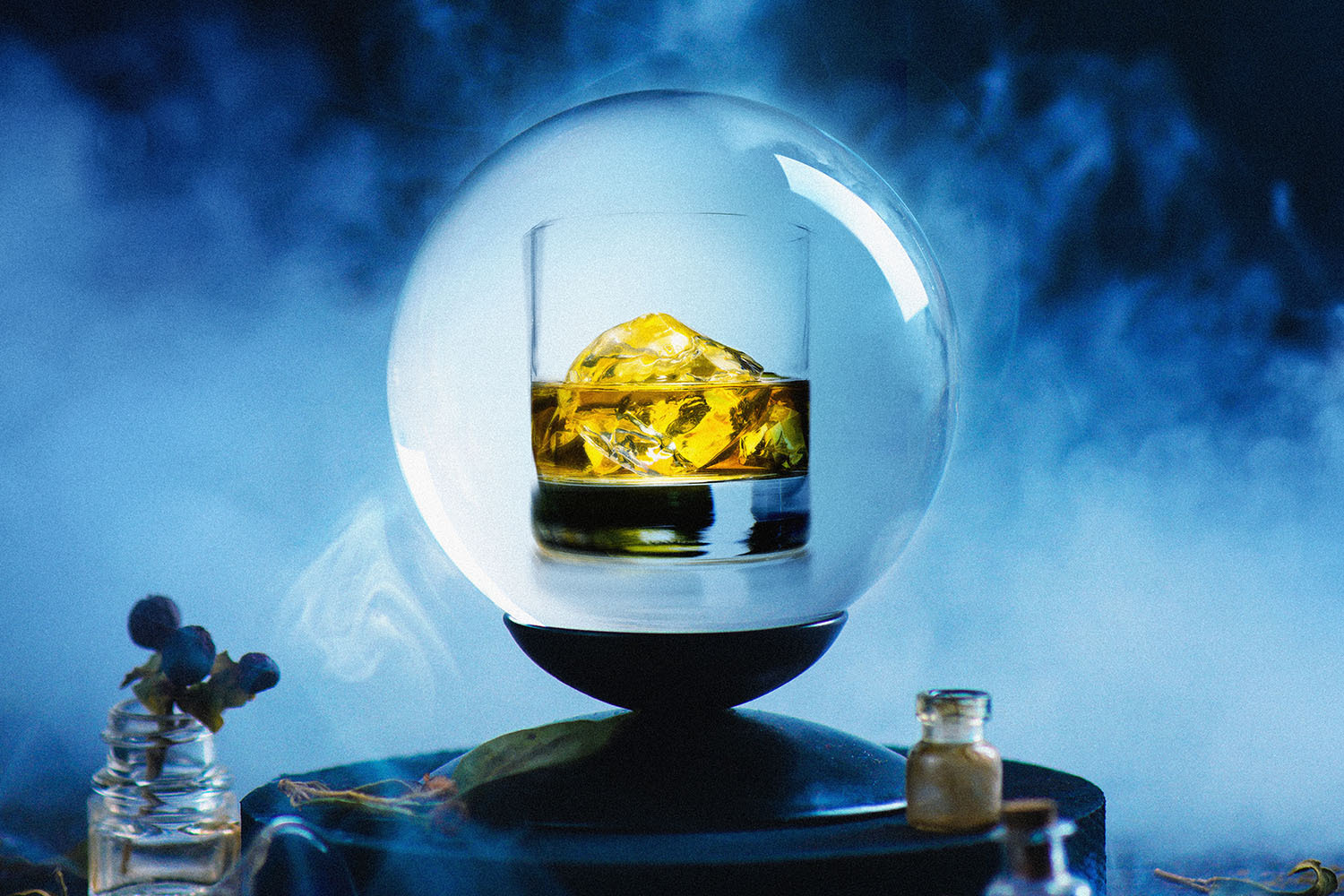 Crystal ball with occult equipment and mysterious smoke. Fortune-telling concept with copy space