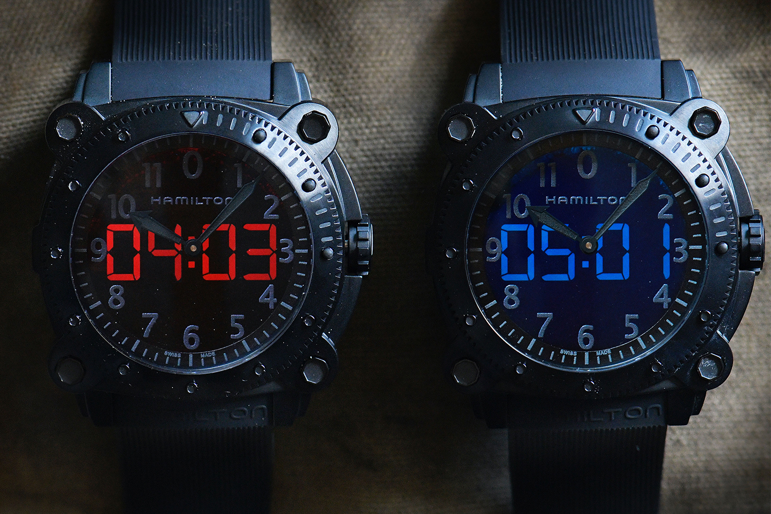 Red and blue Hamilton Khaki Navy BeLOWZERO watches from Tenet