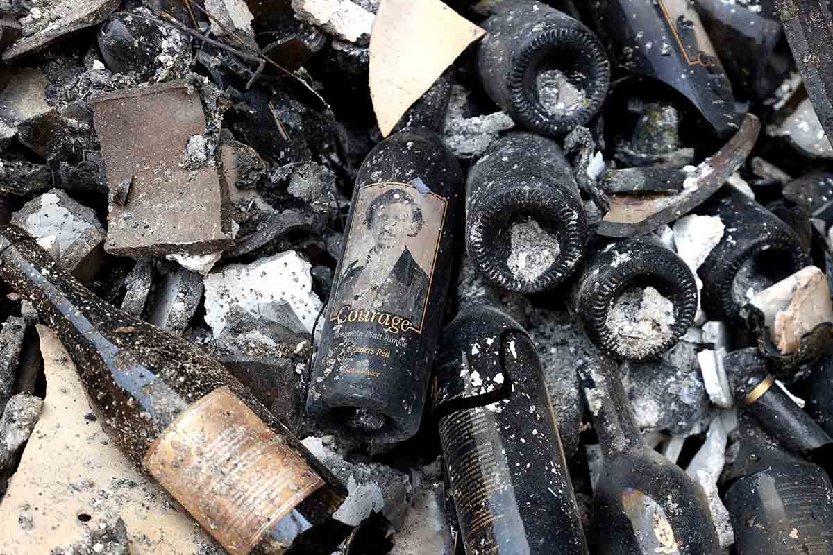 Damaged bottles of wine on the floor at Fairwinds Estate Winery in Napa Valley