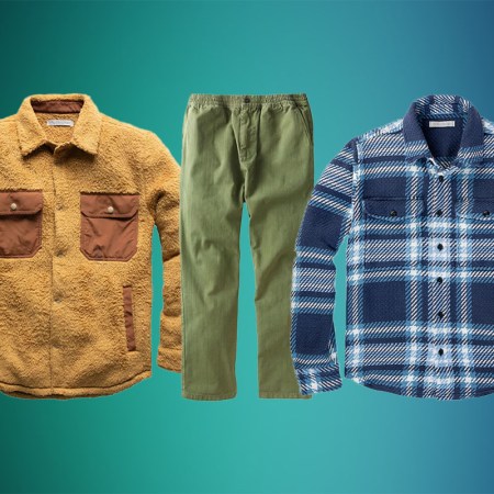 Outerknown's Black Friday items from blanket shirts to sherpa fleece on a green background