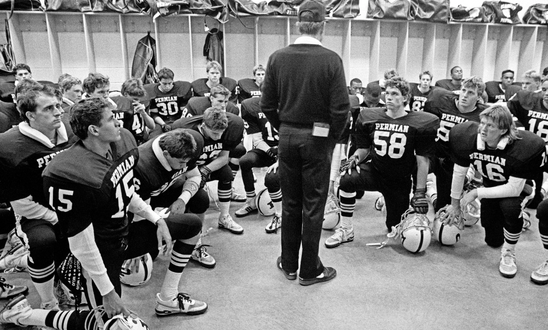 Coach Gaines giving his pregame speech to the team before a crucial game against Midland Lee.<br><br>“You can see that I don't think any of the kids are looking at me,” Clark says. “They all took this pretty seriously and didn't want to miss anything Coach Gaines was going to say. It's kind of nice the way they honored and respected him. Same with all the coaches. There was definitely a hierarchy though and Coach Gaines was the top.”