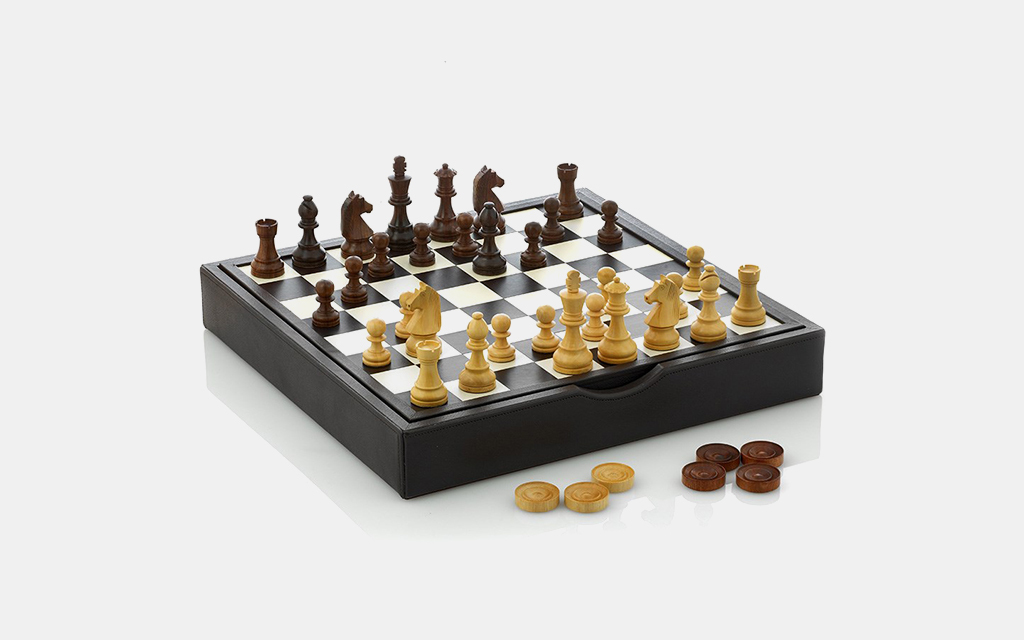 Traditional Wood and Leather Chess Set