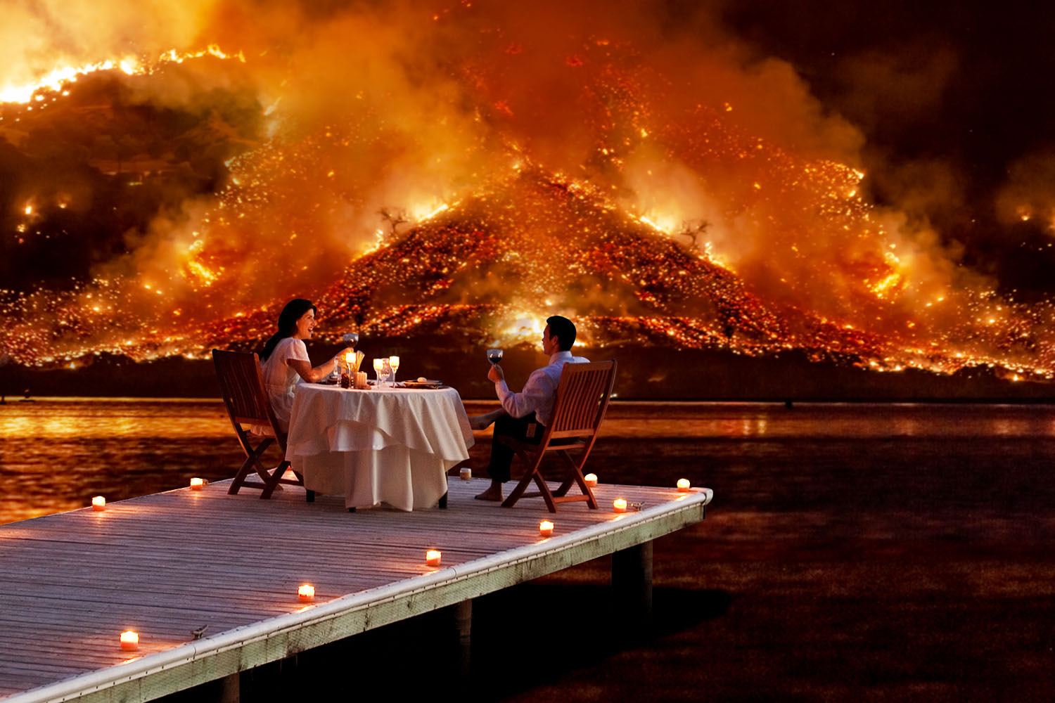 couple enjoys a romantic dinner as an apocalyptic hell scape blazes in the distance