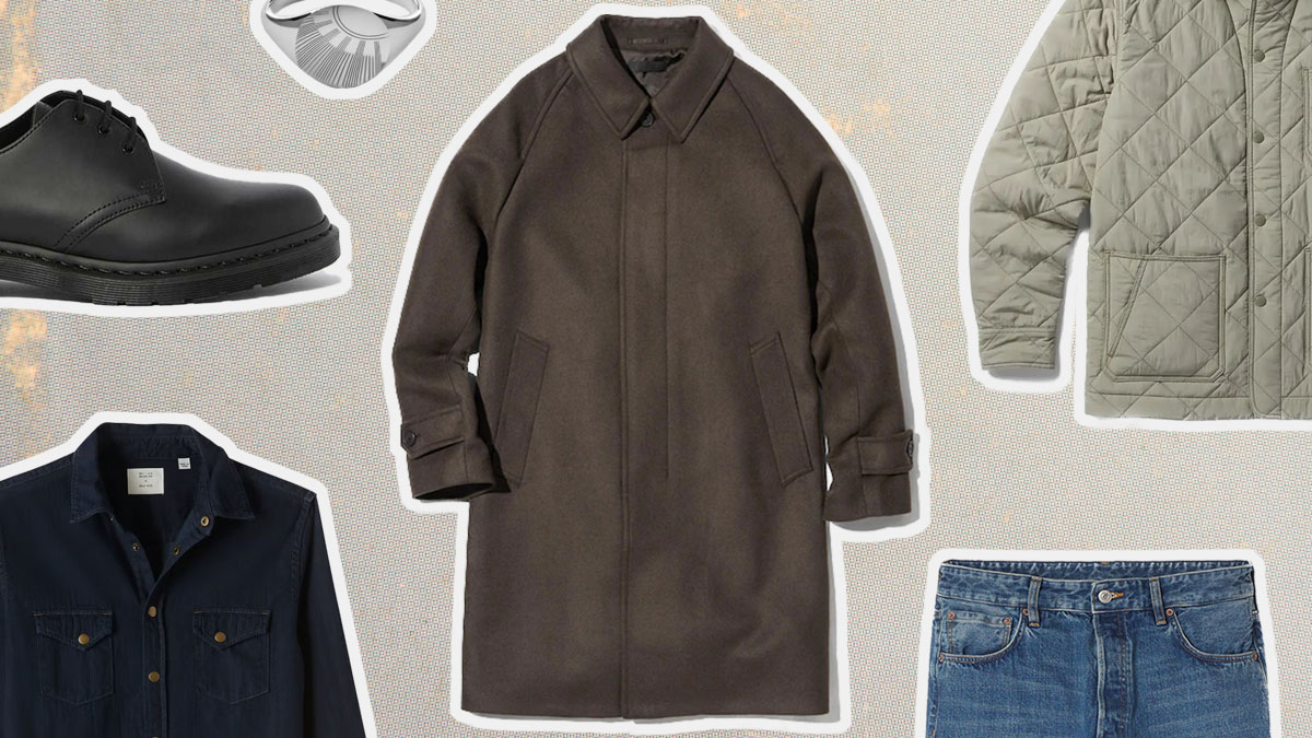 a collage of elevated wardrobe essentials on a tan background