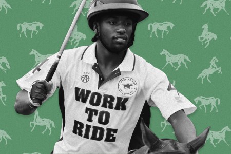 A photo of Kareem Rosser horseback playing polo