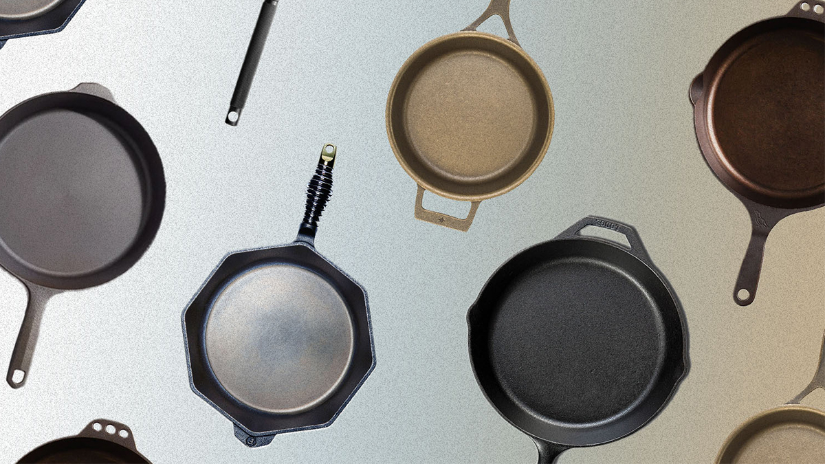 A bunch of cast iron skillets from companies like Lodge, Finex, Field Company, Butter Pat, Smithey and Stargazer in a grid. Here's our review of which cast iron pans are the best.