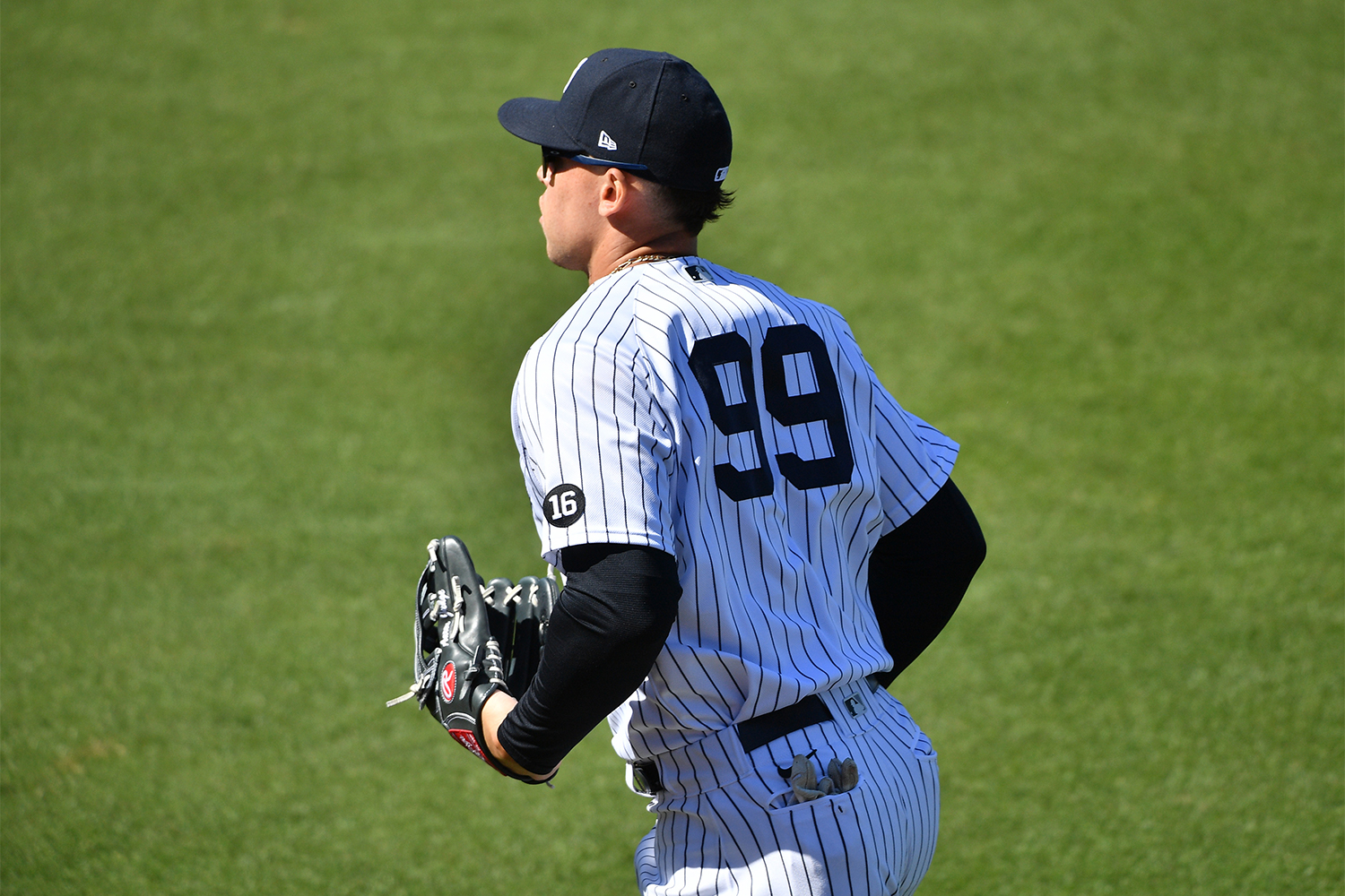 Aaron Judge #99 of the New York Yankees in action against the Philadelphia Phillies in a spring training game at George M. Steinbrenner Field on March 07, 2021 in Tampa