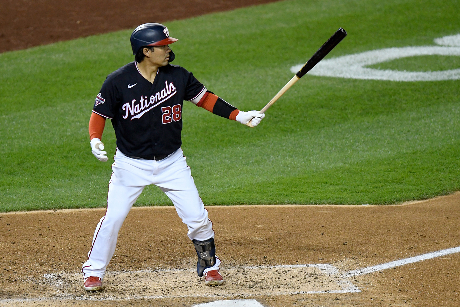 Kurt Suzuki #28 of the Washington Nationals bats against the Philadelphia Phillies at Nationals Park on September 21, 2020 in Washington, DC.