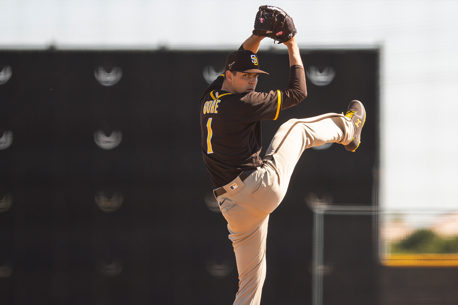 Pitcher MacKenzie Gore #1 of the San Diego Padres throws during a live batting practice session at the Peoria Sports Complex on February 27, 2021