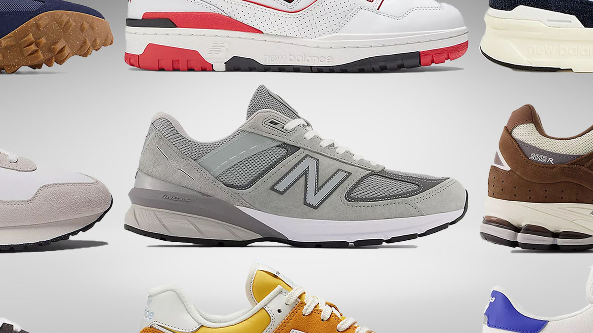 A collage of New Balance Styles on a lgiht grey background