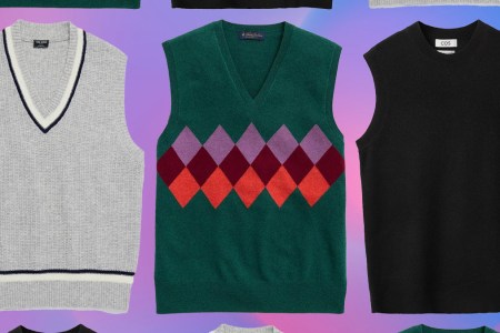 a collage of sweater vests on a multi-colored background