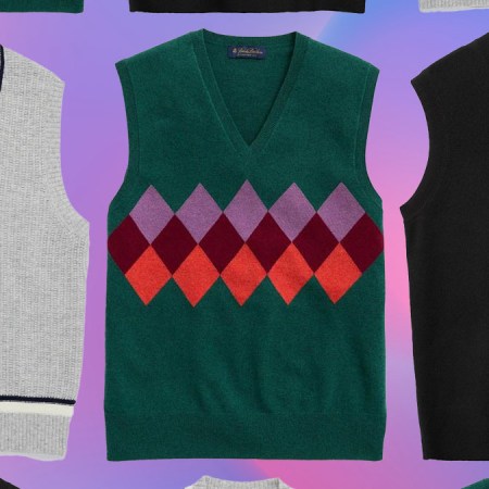 a collage of sweater vests on a multi-colored background