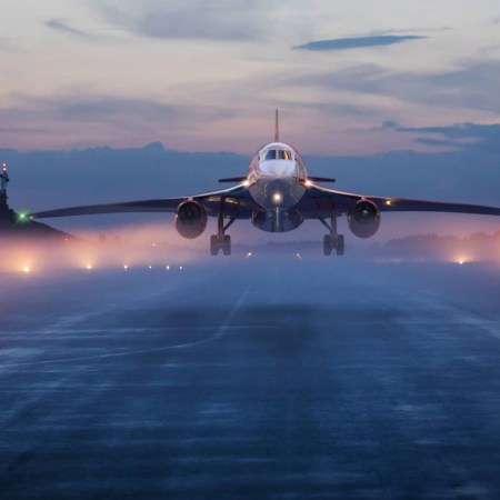 A rendering of Aerion's AS2 supersonic business jet coming in for a landing on a runway