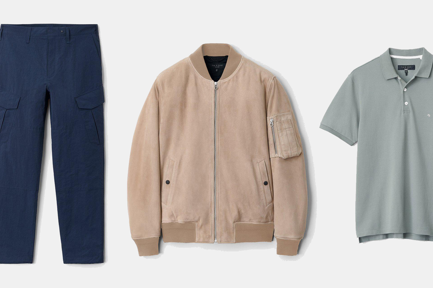 Rag & Bone Cargo Pants, Suede Bomber, Cotton Pique Polo