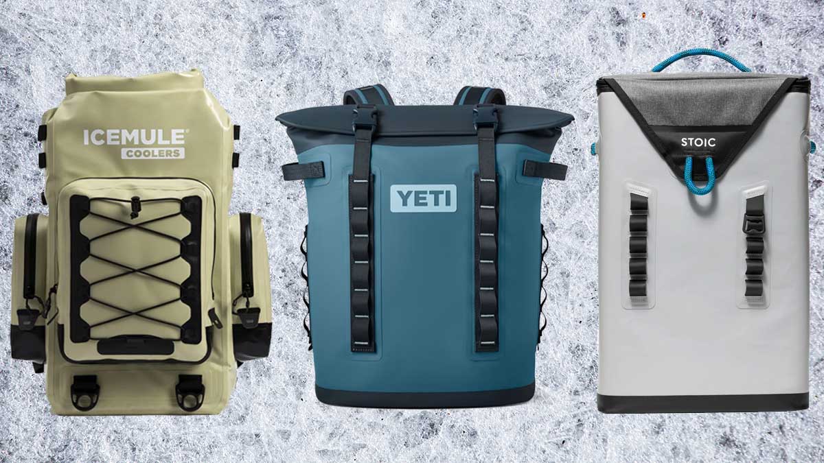 The Icemule Boss, Yeti Hopper M20 and Stoic Hybrid Backpack Cooler on a grey and white textured background.