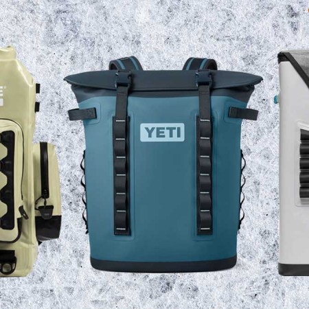 The Icemule Boss, Yeti Hopper M20 and Stoic Hybrid Backpack Cooler on a grey and white textured background.