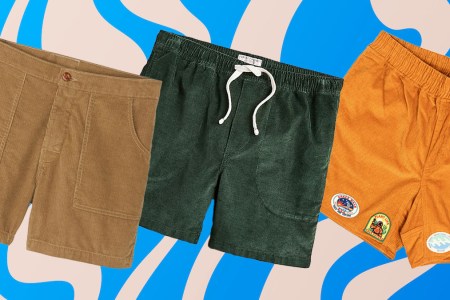 a collage of corduroy shorts on a wavy blue and tan background