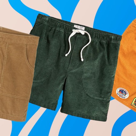 a collage of corduroy shorts on a wavy blue and tan background